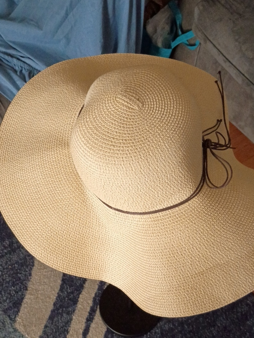 Women's Wide Brim Straw Sun Hat with Brown Bow - Beige